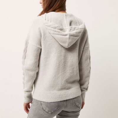 Light grey cable knit zip front hoodie